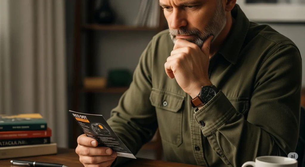 Man looking at a red dot sight catalogue, thinking what to buy