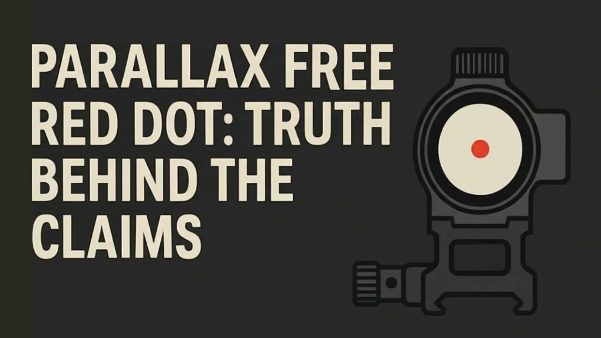 red dot sight on the right, with text "Parallax Free Red Dot: Truth behind the cliams" on the left, black background