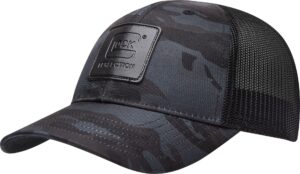 Glock OEM black tactical camouflage baseball cap with debossed leather Glock patch, low-profile six-panel design, and adjustable snapback closure.