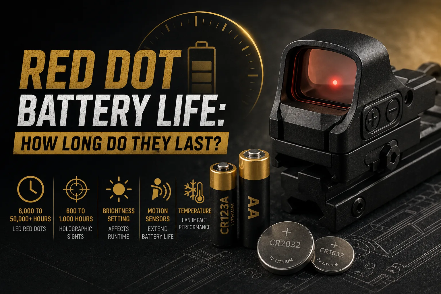Red dot sight with batteries illustrating red dot battery life and runtime factors
