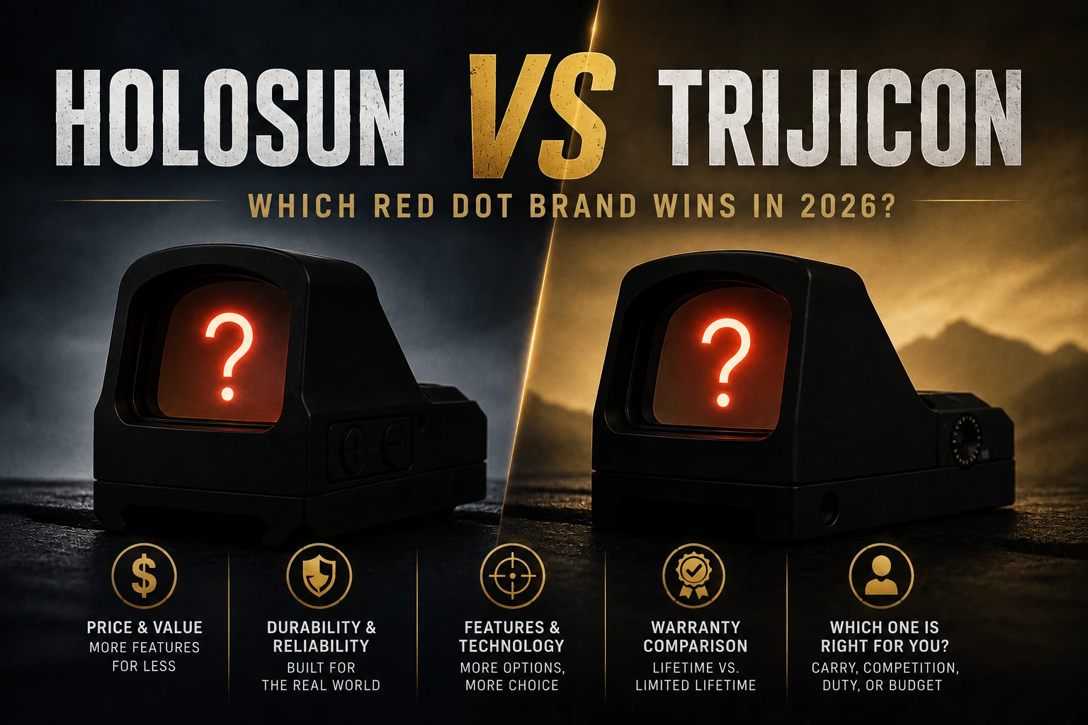Holosun vs Trijicon red dot sight comparison with silhouetted optics and question marks