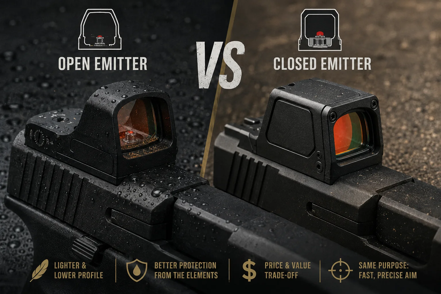 Open vs closed emitter red dot sights compared side by side, showing the exposed open design and sealed closed design with key differences.