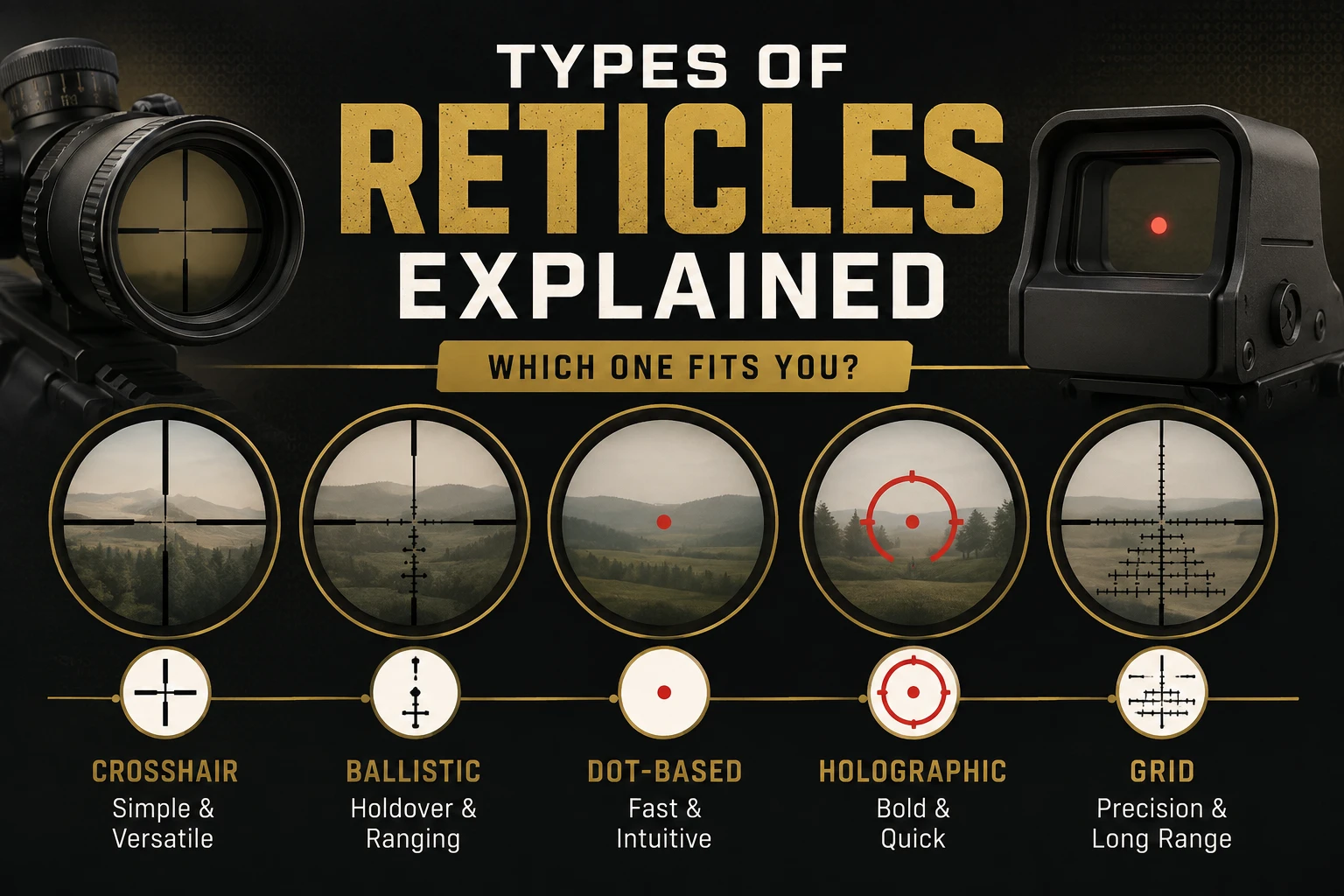Comparison of common reticle types including crosshair, ballistic, dot-based, holographic, and grid reticles alongside a rifle scope and red dot sight.