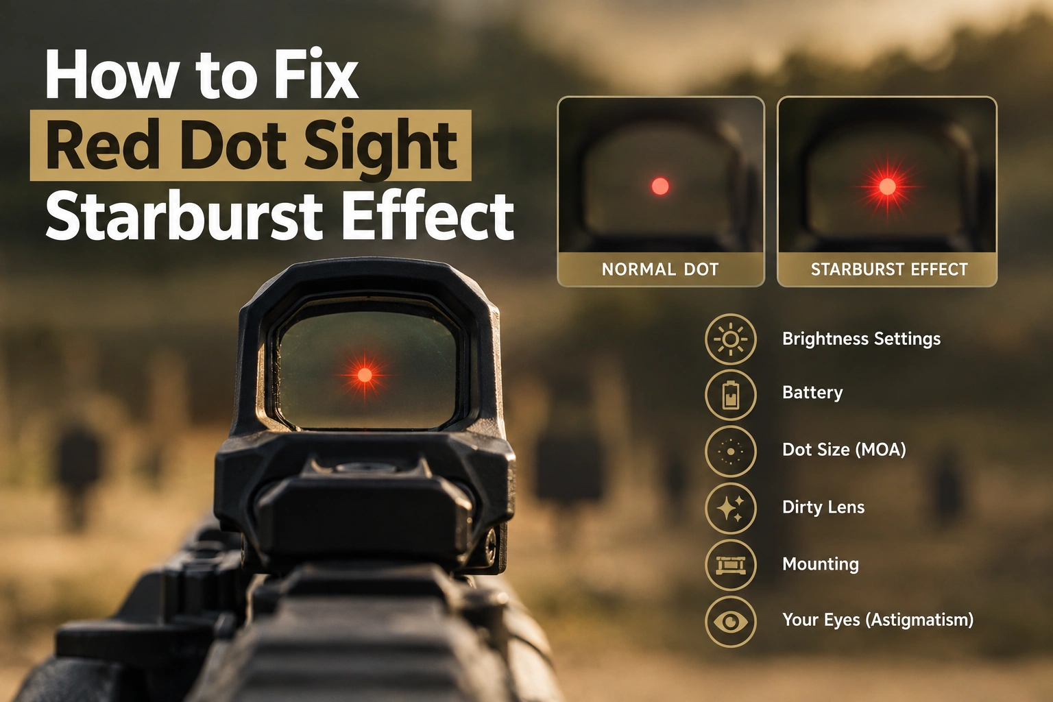 Red dot sight showing normal dot and starburst effect with troubleshooting causes